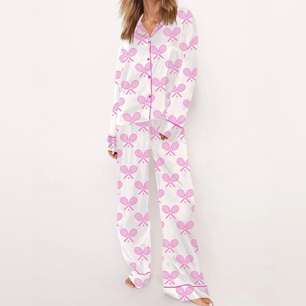 Women's White and Pink Tennis Print Pajama Set size medium - Picture 2 of 4